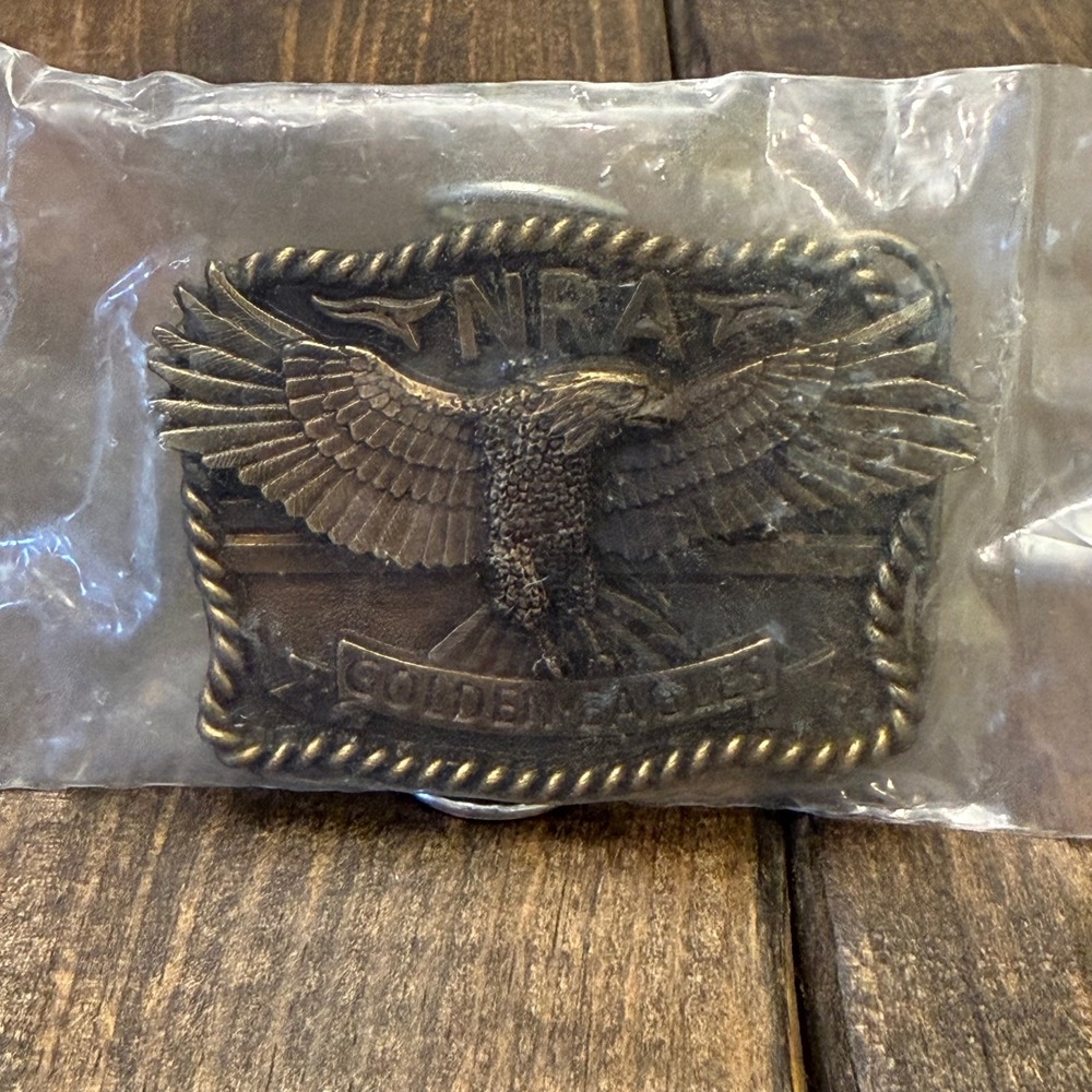 NRA Golden Eagles Belt Buckle Brass Tone Eagle Made‎ in USA New in Bag, Vintage
